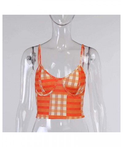 Womens Tank Crop Top Ruffled Patchwork Sleeveless Spaghetti Straps Bodycon T-Shirts Blouses Orange $10.70 Tanks