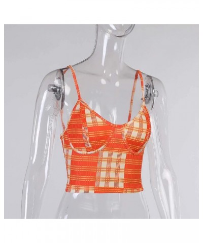 Womens Tank Crop Top Ruffled Patchwork Sleeveless Spaghetti Straps Bodycon T-Shirts Blouses Orange $10.70 Tanks