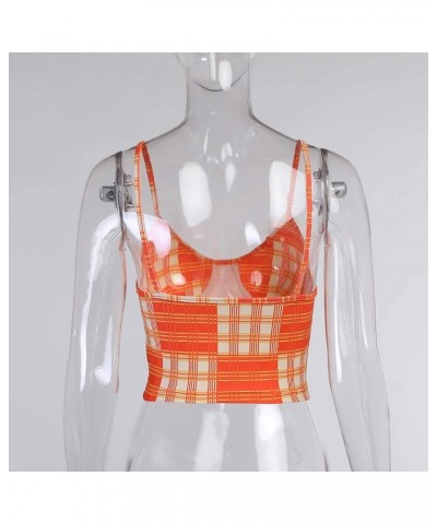 Womens Tank Crop Top Ruffled Patchwork Sleeveless Spaghetti Straps Bodycon T-Shirts Blouses Orange $10.70 Tanks