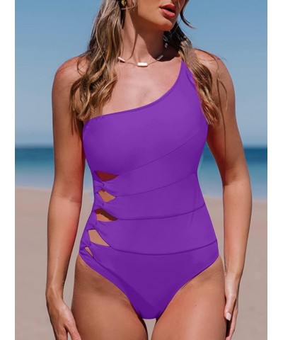 One Piece Swimsuit for Women Cut Out Bathing Suit Tummy Control One Shoulder Swimwear Full Coverage Purple $14.83 Swimsuits