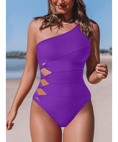 One Piece Swimsuit for Women Cut Out Bathing Suit Tummy Control One Shoulder Swimwear Full Coverage Purple $14.83 Swimsuits