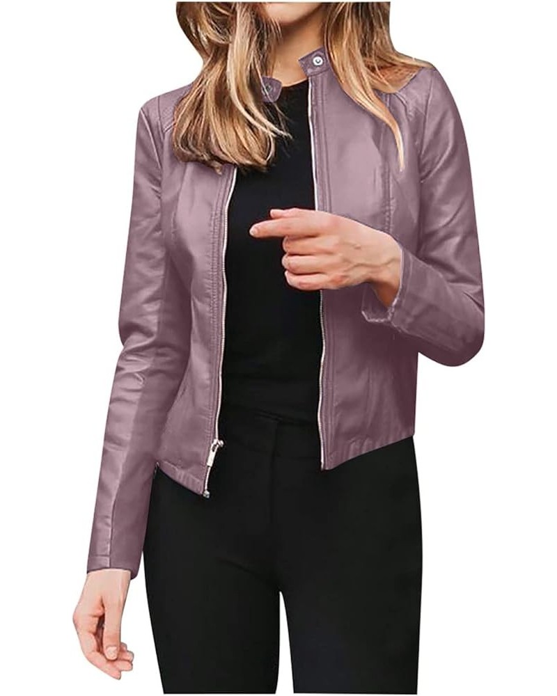 Womens Leather Jacket 2023 Fashion Faux Suede Biker Jackets Fall Zip Up Pu Motorcycle Slim Fit Coats With Pockets 02 Pu-purpl...