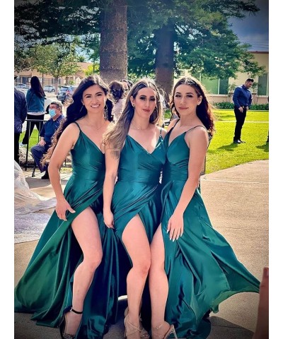 Women's Spaghetti Straps Slit Satin Prom Dresses Long V Neck A-Line Evening Formal Gowns Wine Red $32.44 Dresses