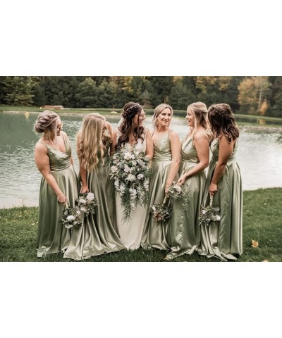 Women's Spaghetti Straps Slit Satin Prom Dresses Long V Neck A-Line Evening Formal Gowns Wine Red $32.44 Dresses