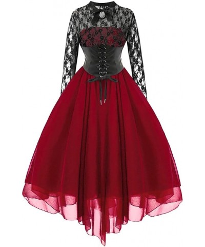 Women's Sleeveless/Long Sleeves Gothic Dress with Corset Halter Lace Swing Cocktail Dress Bwine Red $18.41 Bras