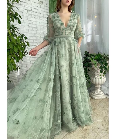 Women's 3D Butterfly Tulle Prom Dresses Long 3/4 Sleeves V Neck Corset Appliqued Formal Evening Party Gown Red $35.10 Dresses