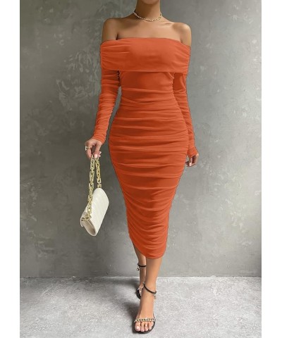 Women's Sexy One Shoulder Sleeveless Mesh Ruched Cocktail Party Midi Bodycon Dress Ae-brown $22.94 Dresses