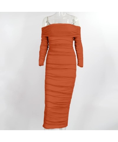 Women's Sexy One Shoulder Sleeveless Mesh Ruched Cocktail Party Midi Bodycon Dress Ae-brown $22.94 Dresses