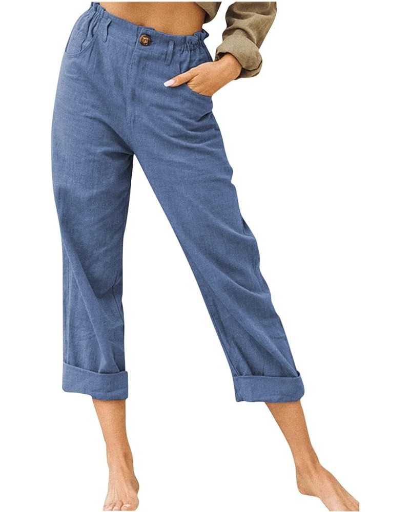 Cropped Pants for Women Casual Loose Fit Summer Linen Capri Pant High Waisted Straight Leg Comfy Trousers with Pockets J01-bl...