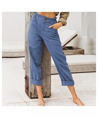Cropped Pants for Women Casual Loose Fit Summer Linen Capri Pant High Waisted Straight Leg Comfy Trousers with Pockets J01-bl...