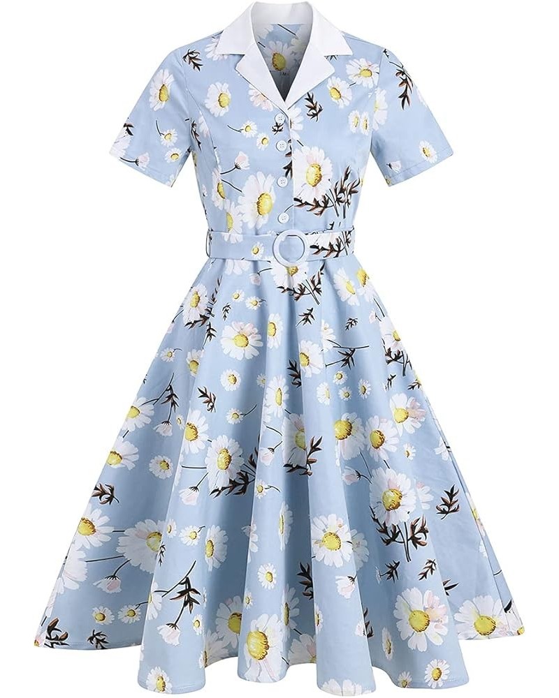 Women Notch Lapel Vintage V-Neck Cocktail Swing Dress 50s 60s Button up 1950s Rockabilly Prom Midi Evening Dress with Pockets...