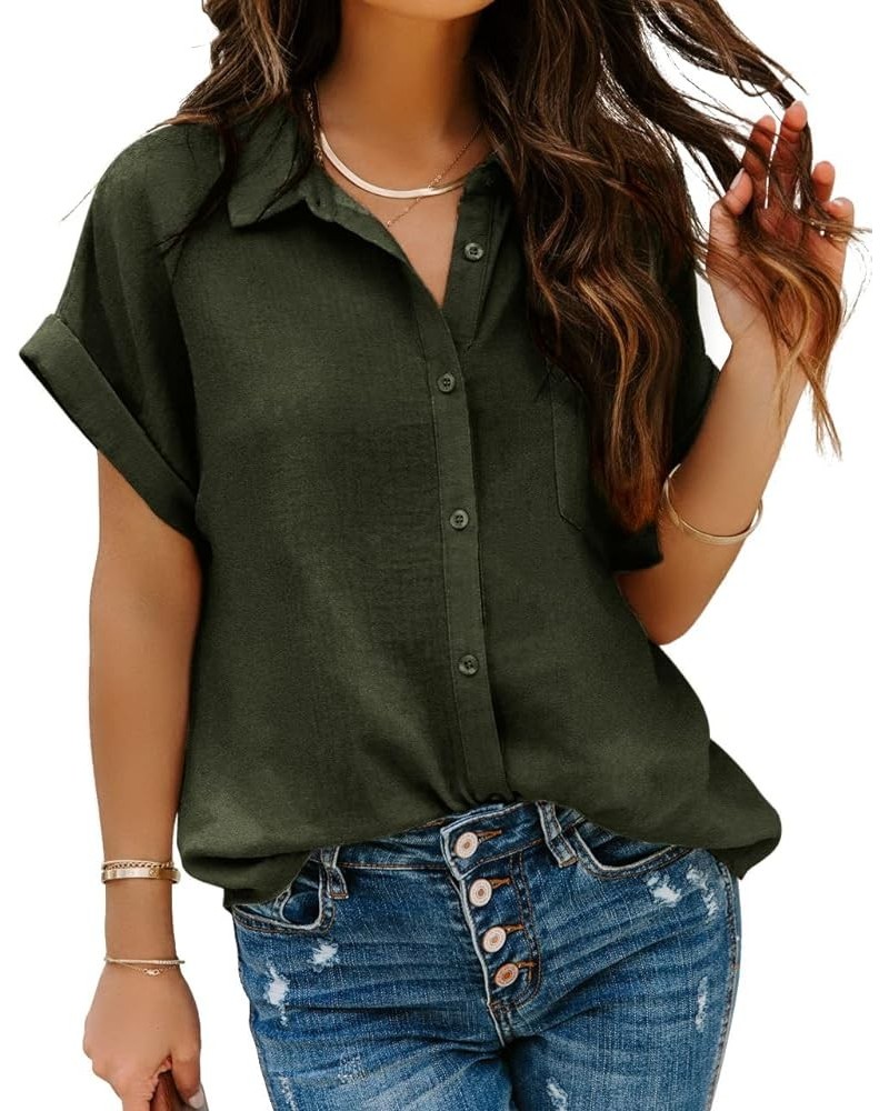 Women Button Down Shirts with Pockets Long/Short Sleeve Chiffon Office Blouses V Neck Casual Business Tops Slim Fit Army Gree...