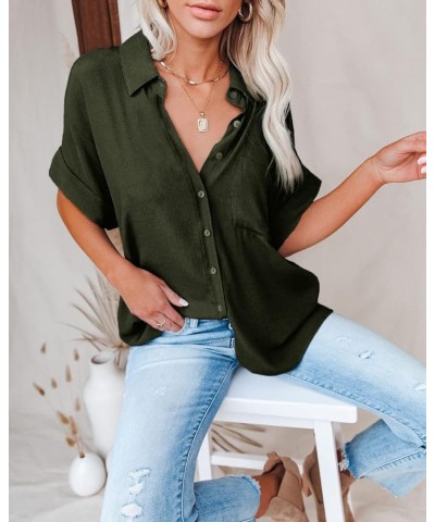Women Button Down Shirts with Pockets Long/Short Sleeve Chiffon Office Blouses V Neck Casual Business Tops Slim Fit Army Gree...