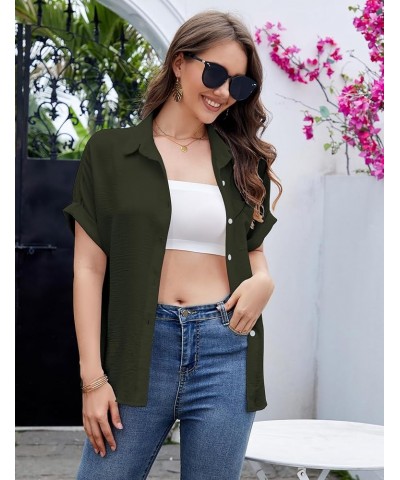 Women Button Down Shirts with Pockets Long/Short Sleeve Chiffon Office Blouses V Neck Casual Business Tops Slim Fit Army Gree...