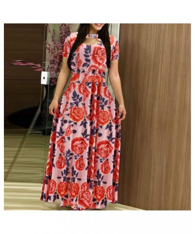 Womens Long & Short Sleeve Maxi Dress Floral Boho Print Casual Crewneck Tunic Dress Long High Waist Elastic Beach Dress Short...