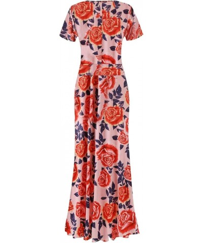 Womens Long & Short Sleeve Maxi Dress Floral Boho Print Casual Crewneck Tunic Dress Long High Waist Elastic Beach Dress Short...