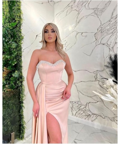 Beaded Black Prom Dresses 2024 Long Satin Ball Gown for Women Formal Mermaid Evening Gowns Blush $40.32 Dresses