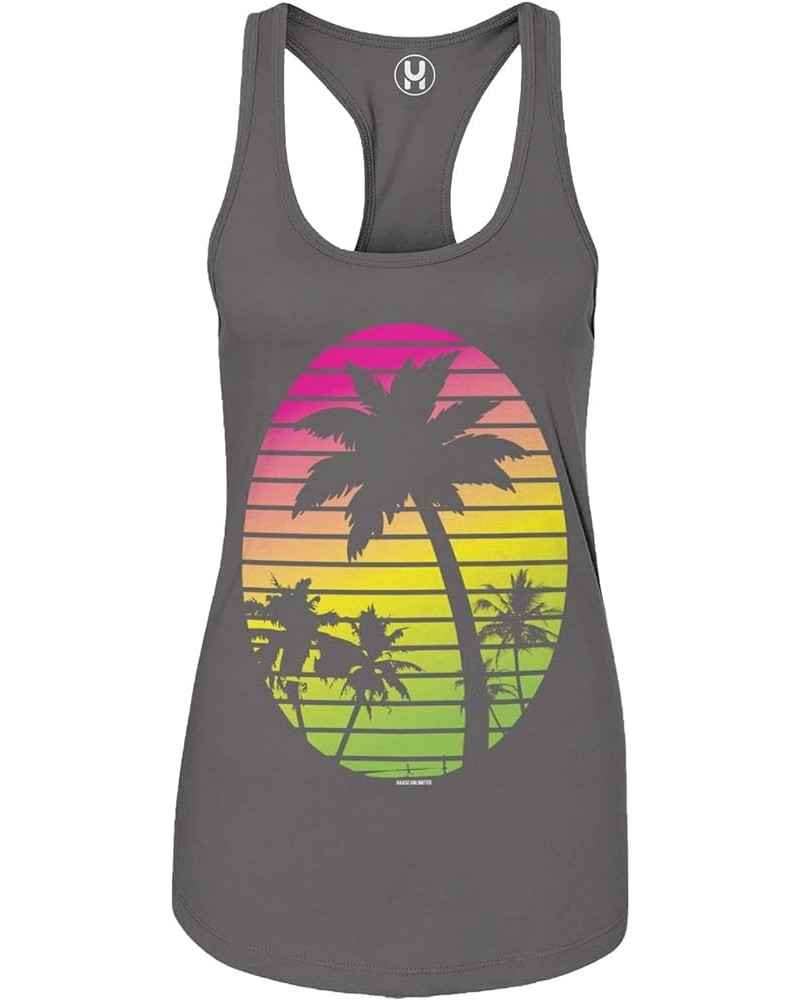 Palm Tree Scene - Vacation Tropical Ladies Tank Top Dark Gray $10.68 Tanks