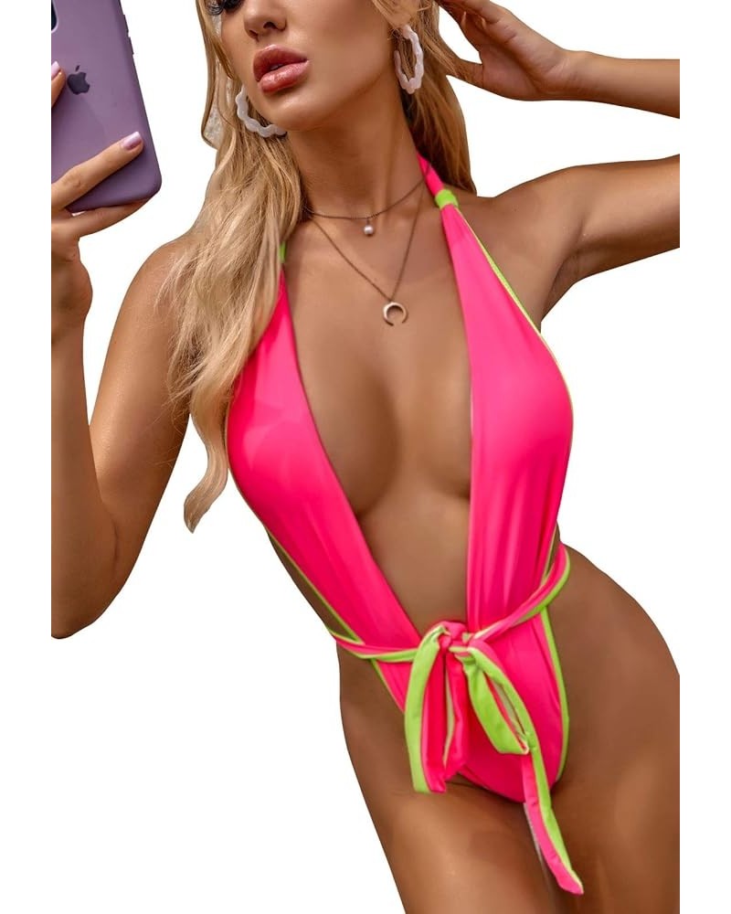 Swimsuits Bathing Suits Womens Sexy Monokini Deep V One Piece Semi Thong Bikini Backless Cheeky Swimwear Watermelon Red $14.5...
