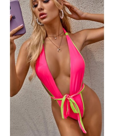 Swimsuits Bathing Suits Womens Sexy Monokini Deep V One Piece Semi Thong Bikini Backless Cheeky Swimwear Watermelon Red $14.5...