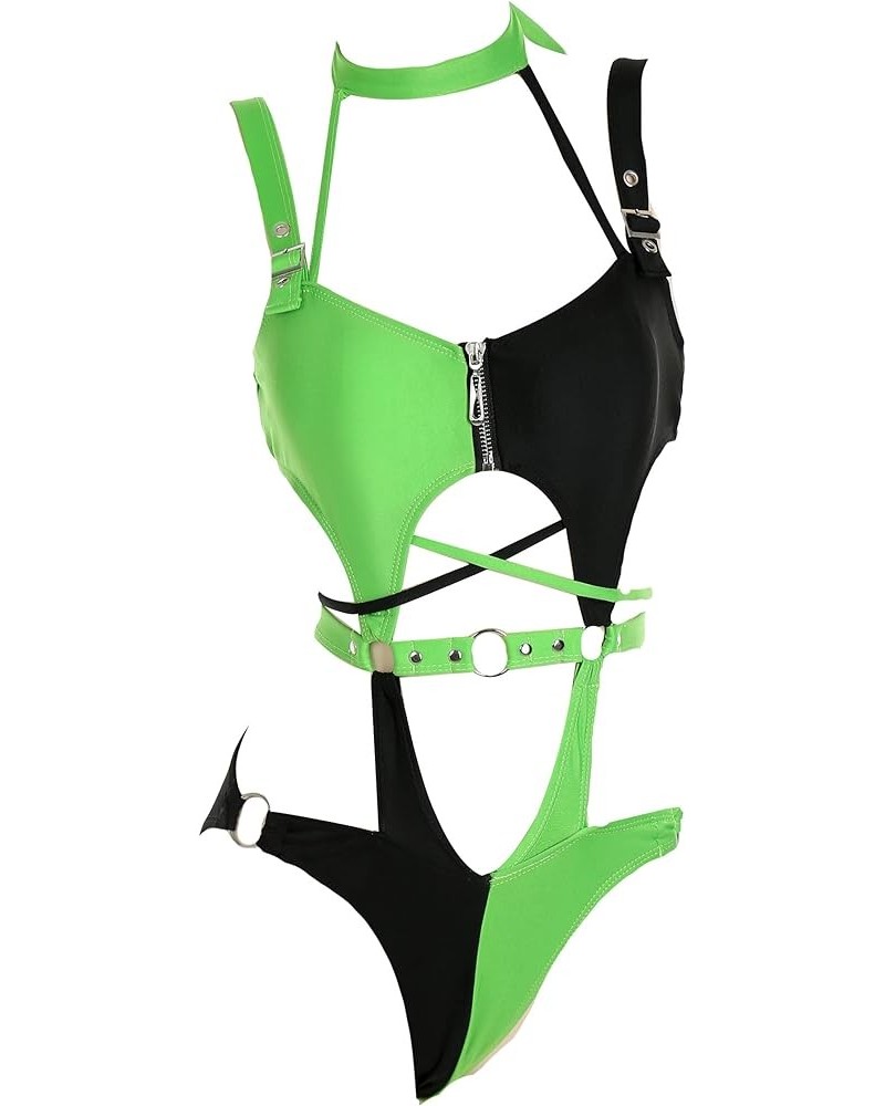 MEOWCOS Women's One Piece Swimwear Sexy Gothic Swimsuit Green and Black Spliced Cutout Bathing Suit Black and Green $19.35 Sw...