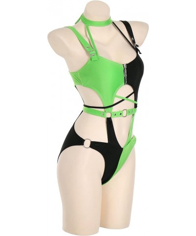 MEOWCOS Women's One Piece Swimwear Sexy Gothic Swimsuit Green and Black Spliced Cutout Bathing Suit Black and Green $19.35 Sw...