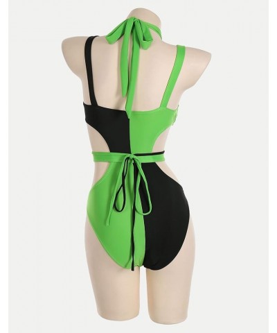 MEOWCOS Women's One Piece Swimwear Sexy Gothic Swimsuit Green and Black Spliced Cutout Bathing Suit Black and Green $19.35 Sw...