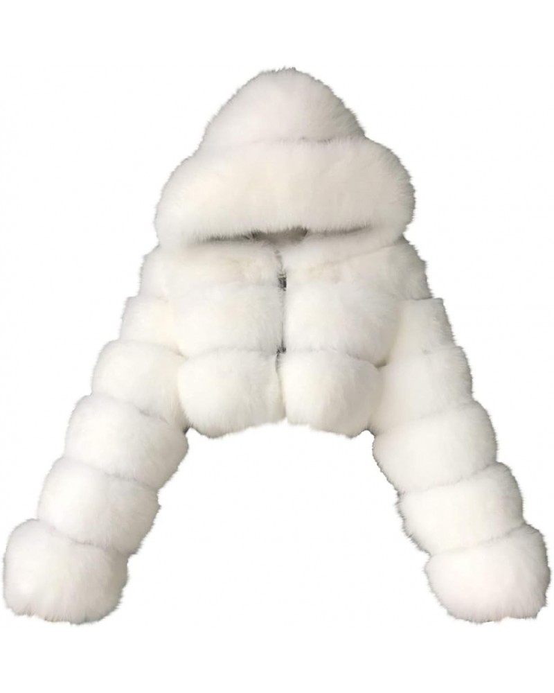 Women's Short Faux Fur Coats Hooded Warm Furry Splicing Crop Jacket Long Sleeve Winter Outerwear Elegant Furry Coat White $29...