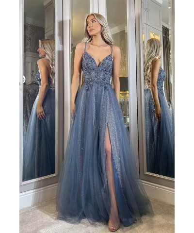 Women's Tulle Glitter Prom Dress 2023 Long Lace Spaghetti Straps Formal V Neck Evening Gowns with Slit Navy Blue $39.60 Dresses