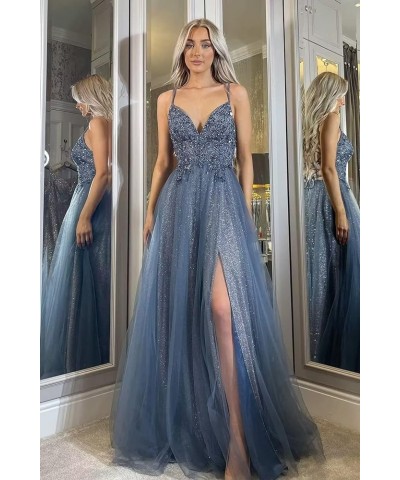 Women's Tulle Glitter Prom Dress 2023 Long Lace Spaghetti Straps Formal V Neck Evening Gowns with Slit Navy Blue $39.60 Dresses
