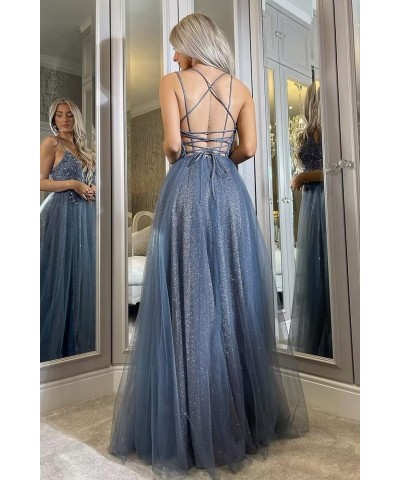 Women's Tulle Glitter Prom Dress 2023 Long Lace Spaghetti Straps Formal V Neck Evening Gowns with Slit Navy Blue $39.60 Dresses