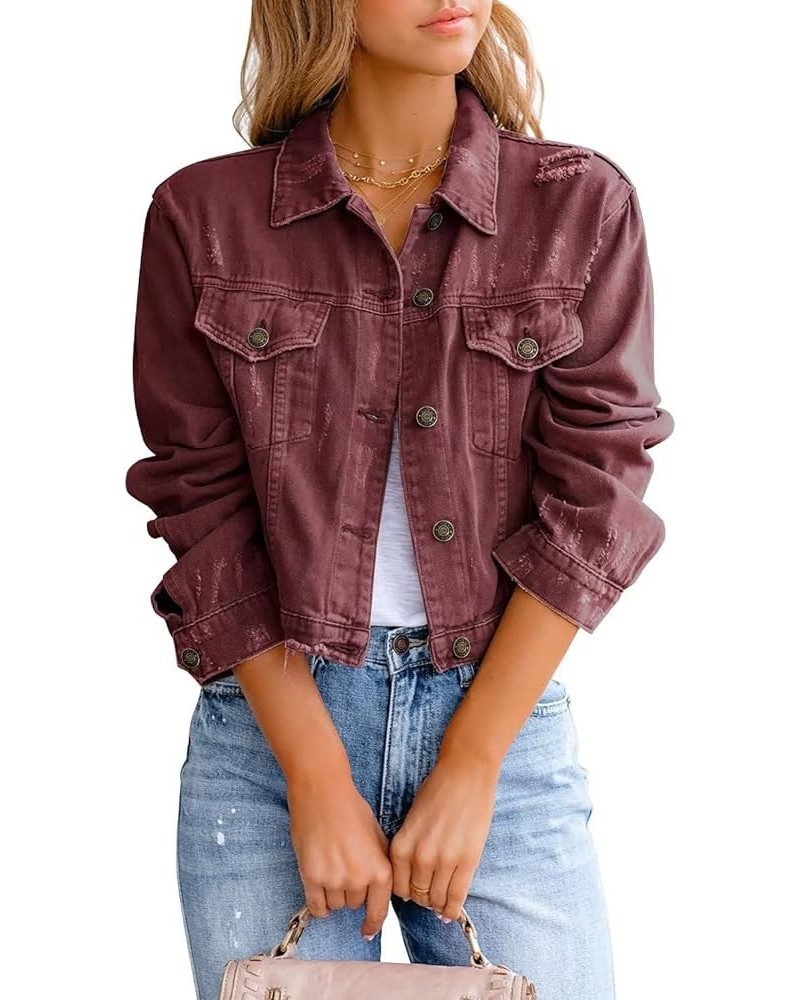 Womens Denim Jacket Distressed Frayed Ripped Jean Jacket Casual Button Down Light Jackets E Wine Red $28.59 Jackets