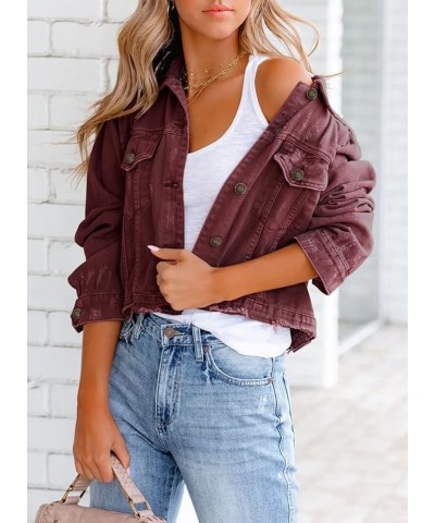 Womens Denim Jacket Distressed Frayed Ripped Jean Jacket Casual Button Down Light Jackets E Wine Red $28.59 Jackets