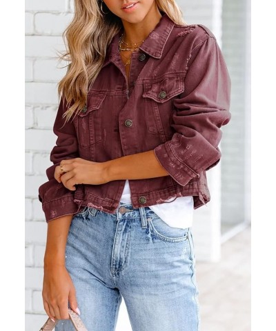 Womens Denim Jacket Distressed Frayed Ripped Jean Jacket Casual Button Down Light Jackets E Wine Red $28.59 Jackets