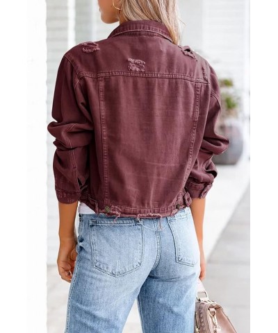 Womens Denim Jacket Distressed Frayed Ripped Jean Jacket Casual Button Down Light Jackets E Wine Red $28.59 Jackets
