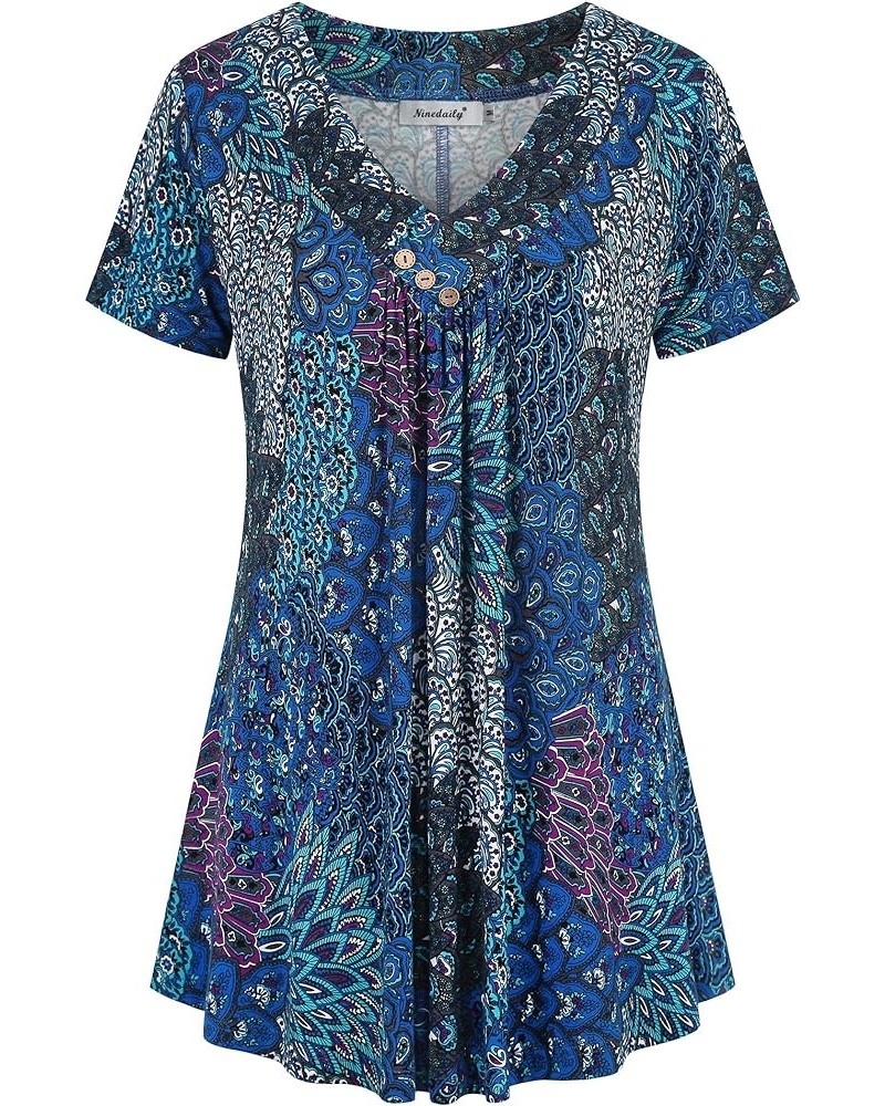 Women's Tunic Summer Short Sleeve Top Loose V Neck Dressy Shirt Blouse Bluegreen $13.16 Blouses