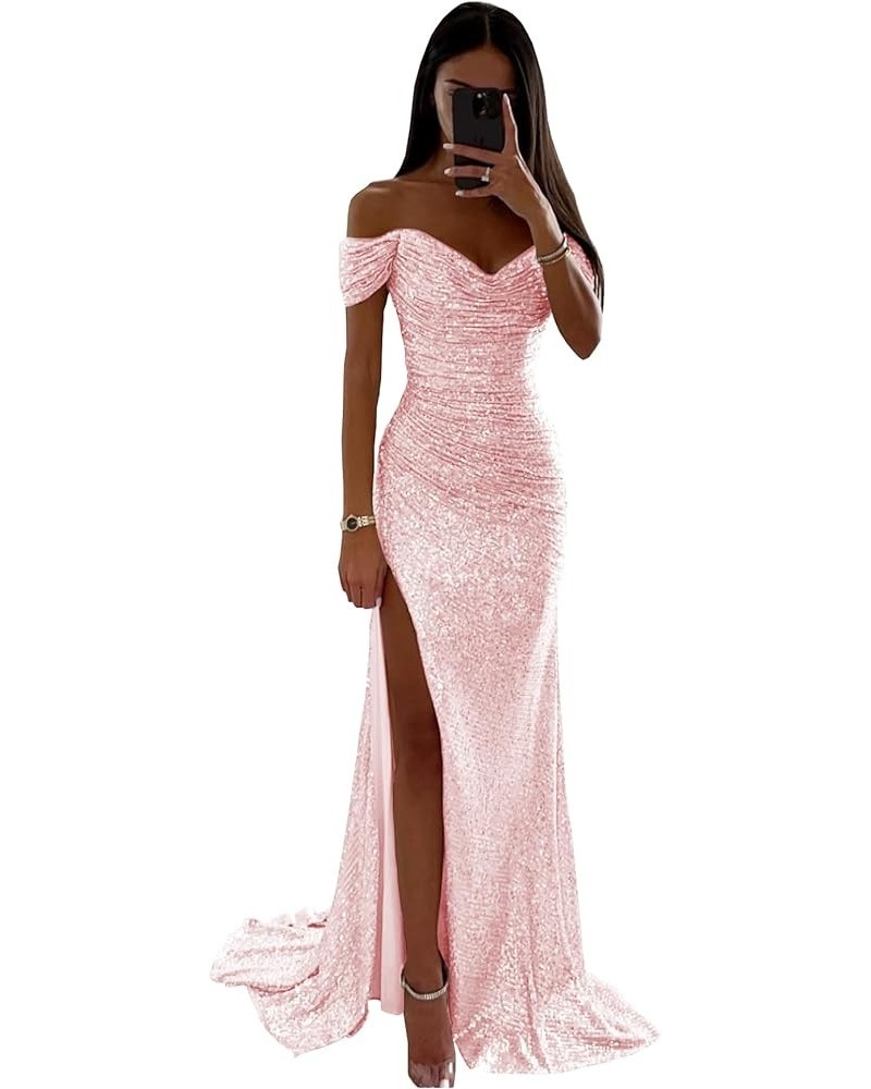 Sequin Off The Shoulder Prom Dresses Long 2024 Sparkly Ball Gown Pleated Formal Evening Dress with Slit Blush Pink $27.00 Dre...