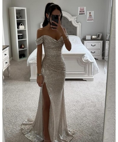 Sequin Off The Shoulder Prom Dresses Long 2024 Sparkly Ball Gown Pleated Formal Evening Dress with Slit Blush Pink $27.00 Dre...