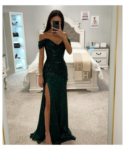 Sequin Off The Shoulder Prom Dresses Long 2024 Sparkly Ball Gown Pleated Formal Evening Dress with Slit Blush Pink $27.00 Dre...