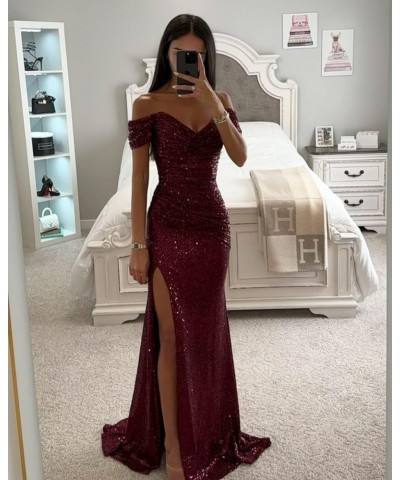 Sequin Off The Shoulder Prom Dresses Long 2024 Sparkly Ball Gown Pleated Formal Evening Dress with Slit Blush Pink $27.00 Dre...