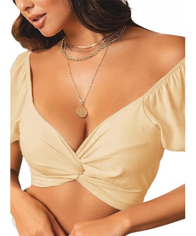 Womens Tie Up Back Crop Ruffle Blouse Short Sleeve Off Shoulder Blouse Tops Apricot 02 $6.75 Blouses