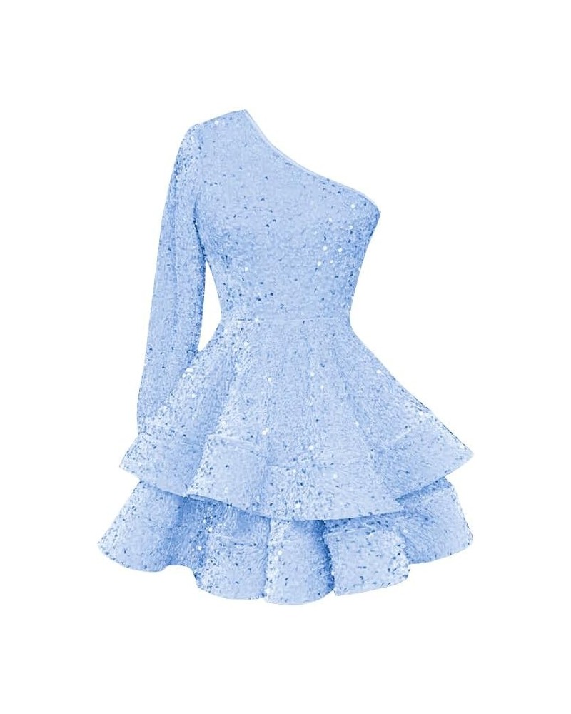 Women's One Shoulder Sequin Homecoming Dresses for Teens Long Sleeve Puffy Layered Short Cocktial Party Gown Light Blue $33.1...