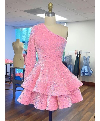 Women's One Shoulder Sequin Homecoming Dresses for Teens Long Sleeve Puffy Layered Short Cocktial Party Gown Light Blue $33.1...