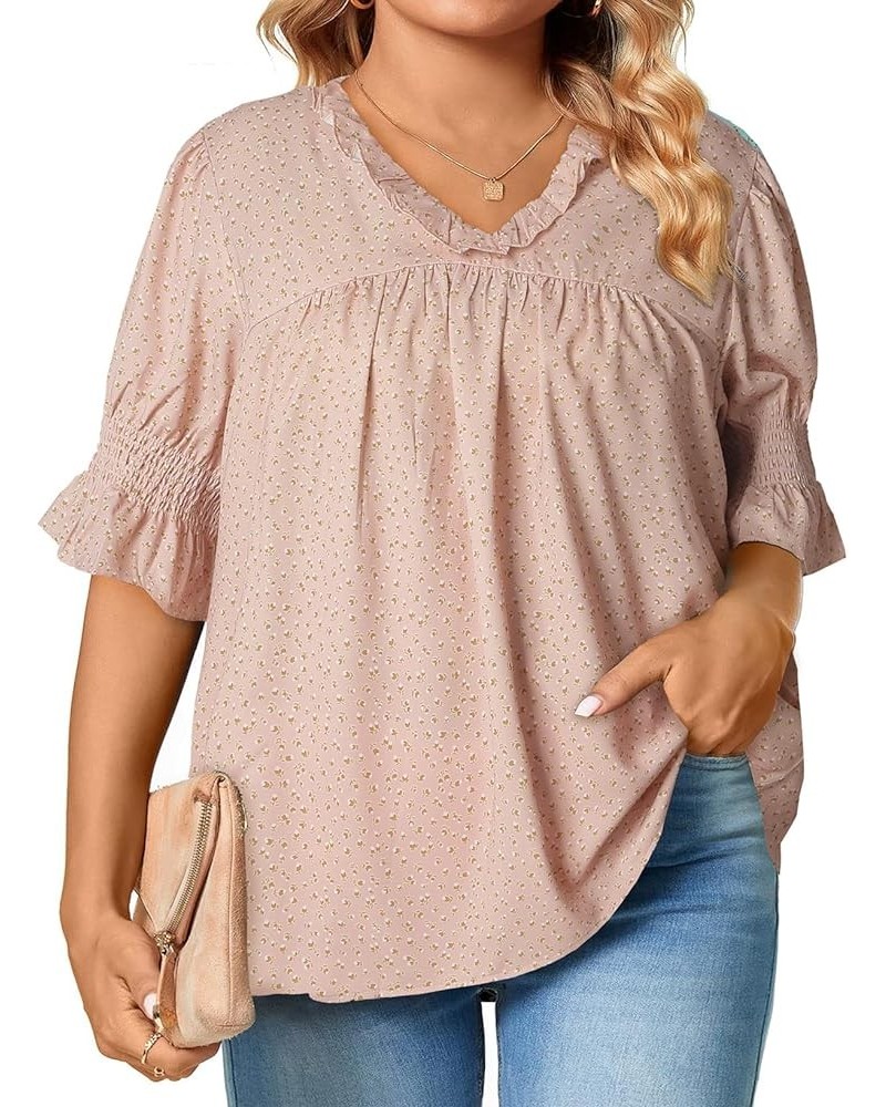Womens Plus Size Floral Print Blouses V Neck Ruffle Flowy Short Sleeve Shirts Babydoll Casual Tunic Tops(1X-5X) B Pink $17.91...