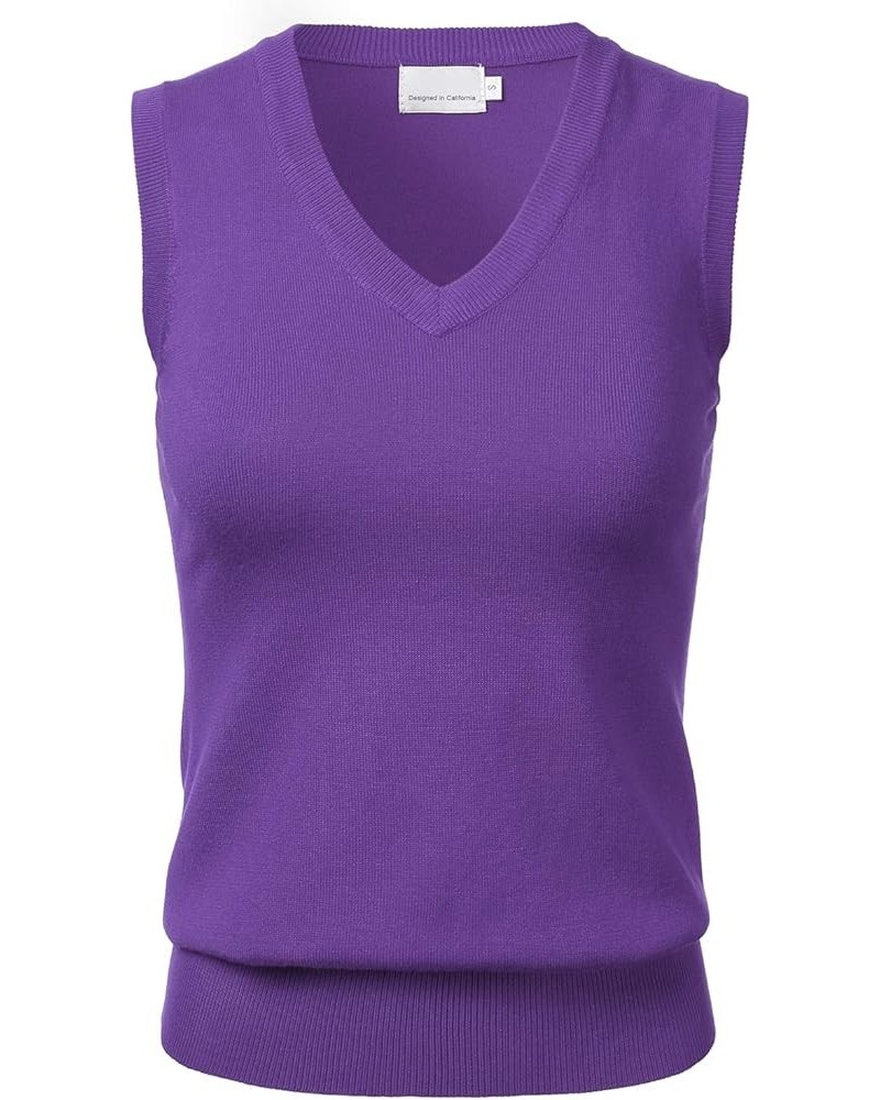 Women Solid Classic V-Neck Sleeveless Pullover Sweater Vest Top Fsw002_ultraviolet $12.99 Sweaters