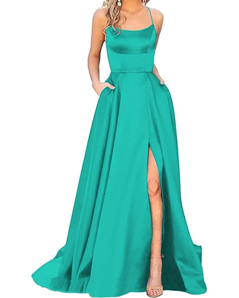 Women's Satin Prom Dresses Long Ball Gown with Slit Backless Spaghetti Straps Formal Evening Dress for Wedding Turquoise $36....
