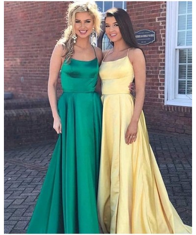Women's Satin Prom Dresses Long Ball Gown with Slit Backless Spaghetti Straps Formal Evening Dress for Wedding Turquoise $36....