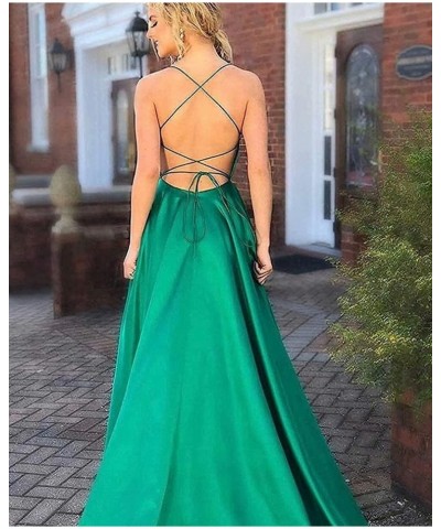 Women's Satin Prom Dresses Long Ball Gown with Slit Backless Spaghetti Straps Formal Evening Dress for Wedding Turquoise $36....