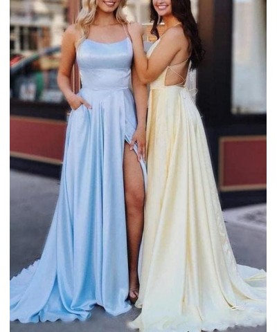 Women's Satin Prom Dresses Long Ball Gown with Slit Backless Spaghetti Straps Formal Evening Dress for Wedding Turquoise $36....
