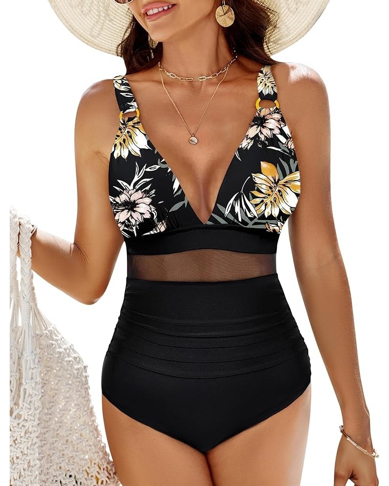 Women's Tummy Control Swimsuit Mesh Sexy One Piece Bathing Suits V-Neck Slimming Swimwear A-Ruched Floral37 $17.99 Swimsuits